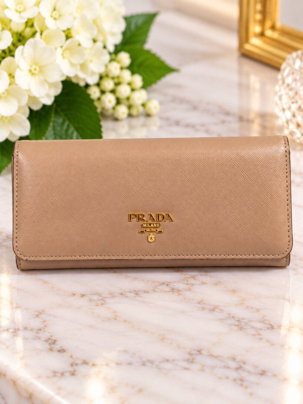 Prada Beige Saffiano Leather Continental Long Wallet Gold Logo Bifold